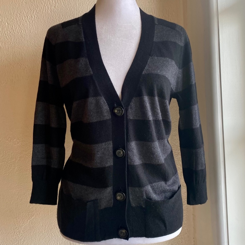 Joie black and grey striped v neck cardigan with pockets and 3/4 sleeves Sz S